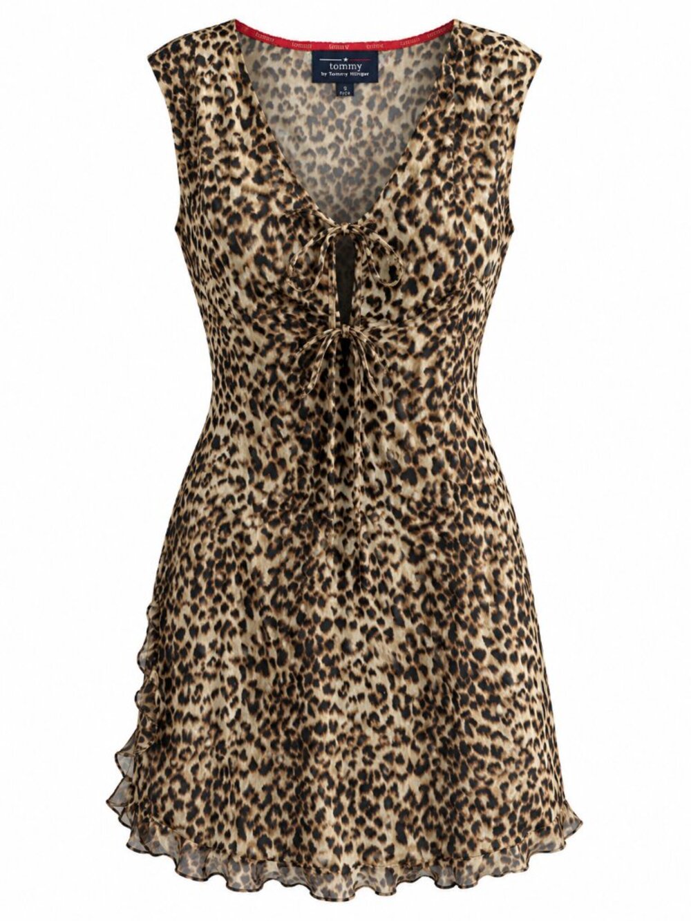 Tommy by Tommy Hilfiger S Leopard Print Mini Dress Tie Front Ruffle Hem Y2K